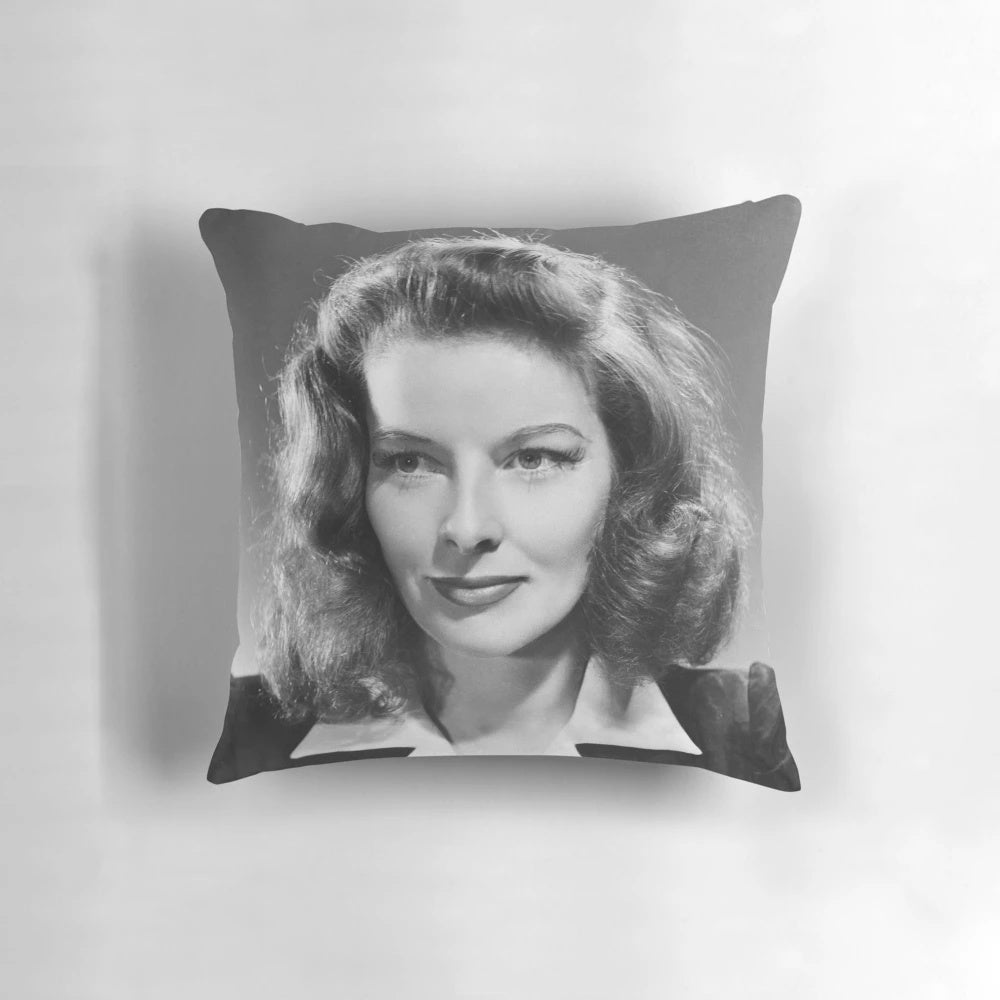 Vintage pillow featuring a portrait of award-winning actress Katharine Hepburn from 1941.