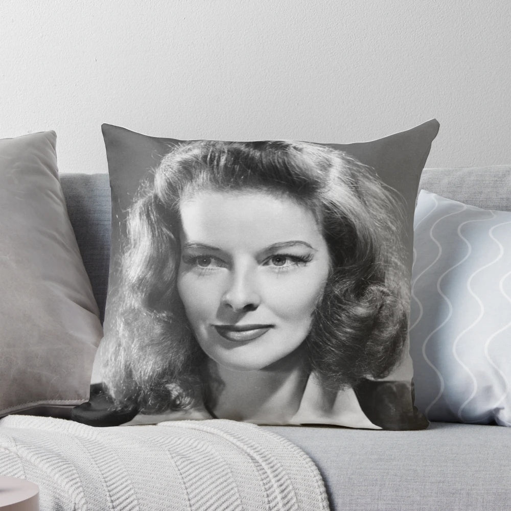Vintage pillow featuring a portrait of award-winning actress Katharine Hepburn from 1941.