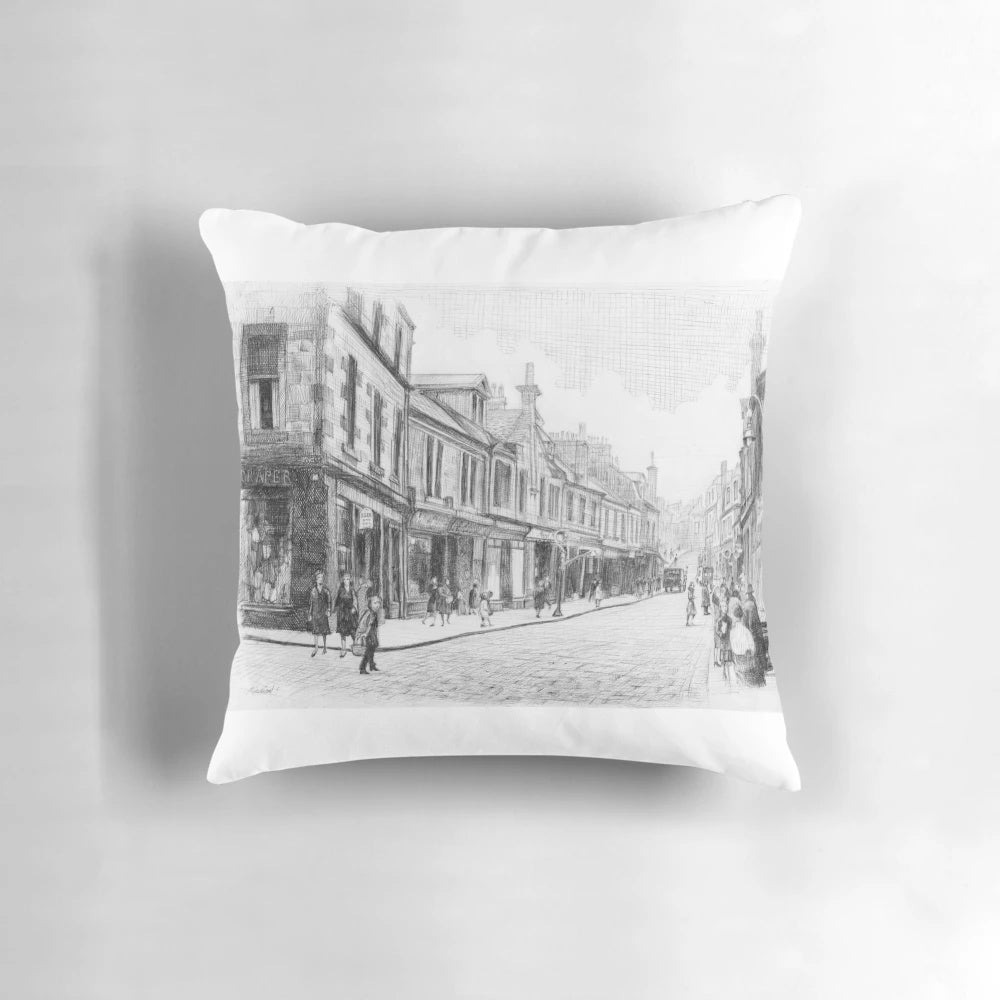 Nostalgic pillow featuring a historic image of the Kilsyth Main Street and King Street junction in Scotland.