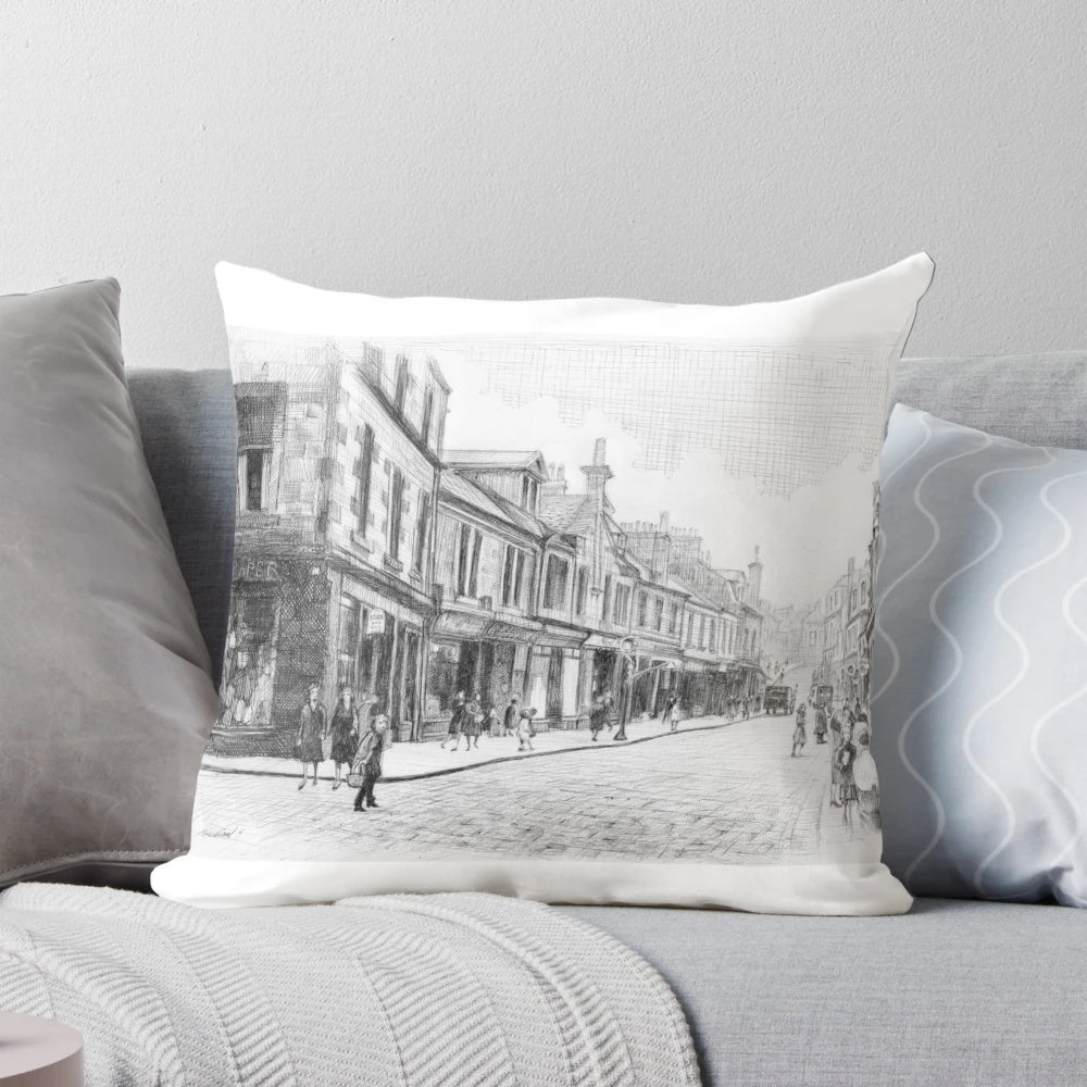 Nostalgic pillow featuring a historic image of the Kilsyth Main Street and King Street junction in Scotland.