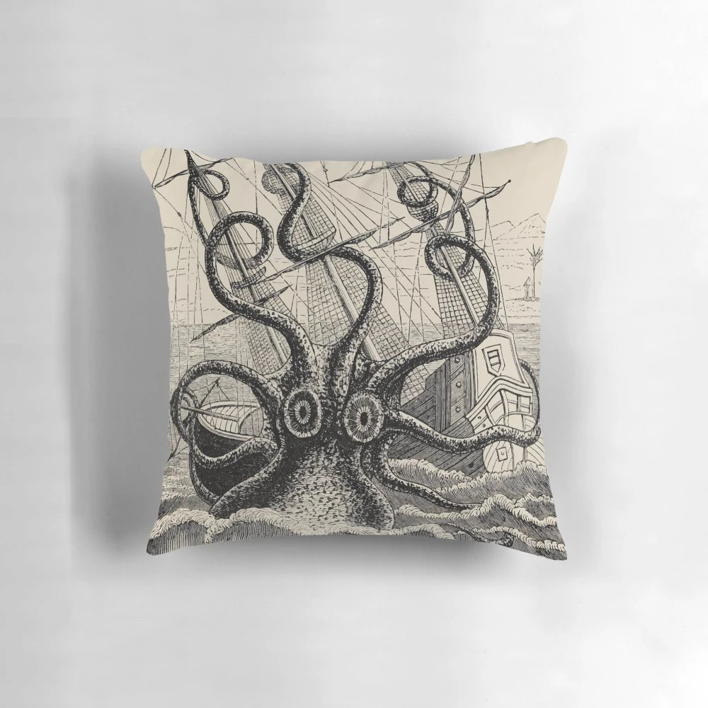 Vintage illustration of a giant kraken or sea monster attacking a ship on a throw pillow