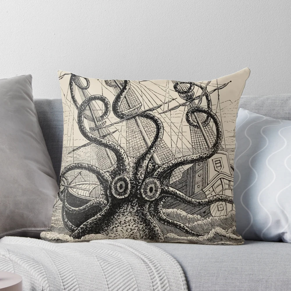 Vintage illustration of a giant kraken or sea monster attacking a ship on a throw pillow