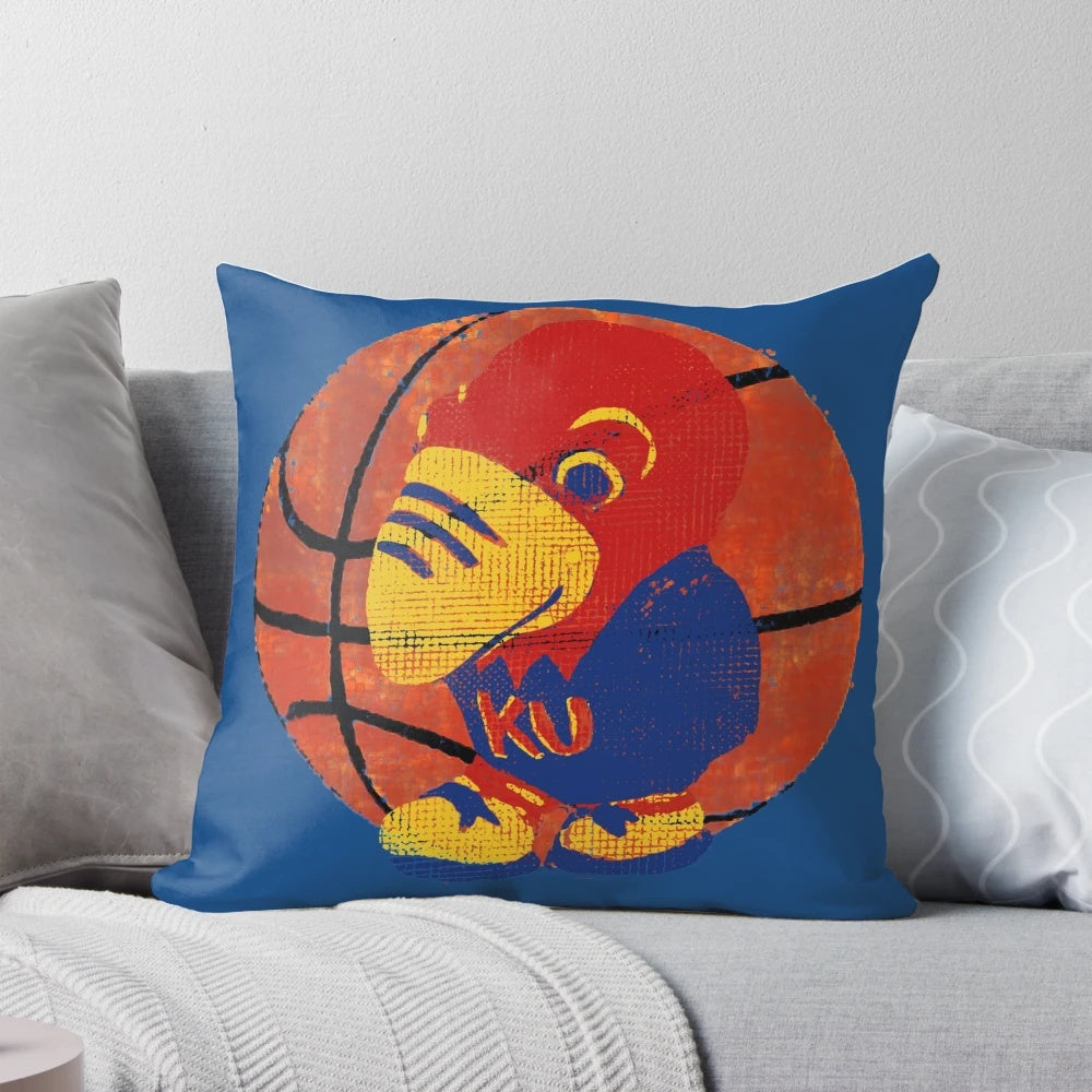 Vintage-style pillow featuring the iconic KU Jayhawks college basketball mascot