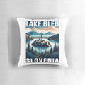 Vintage minimalist retro design travel poster featuring the stunning Lake Bled in Slovenia, set against the backdrop of the Julian Alps.