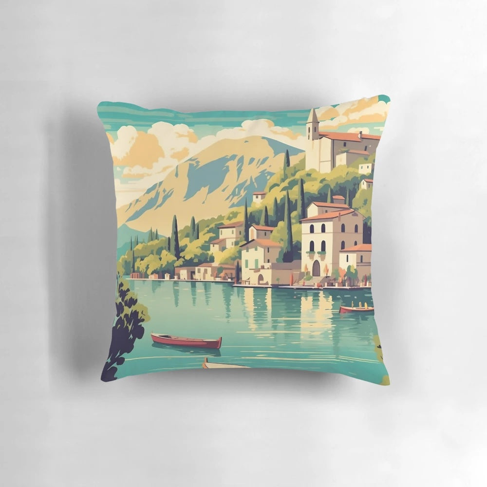 Retro travel poster featuring a scenic landscape of Lake Garda, Italy, printed on a high-quality pillow for vintage-inspired home decor.