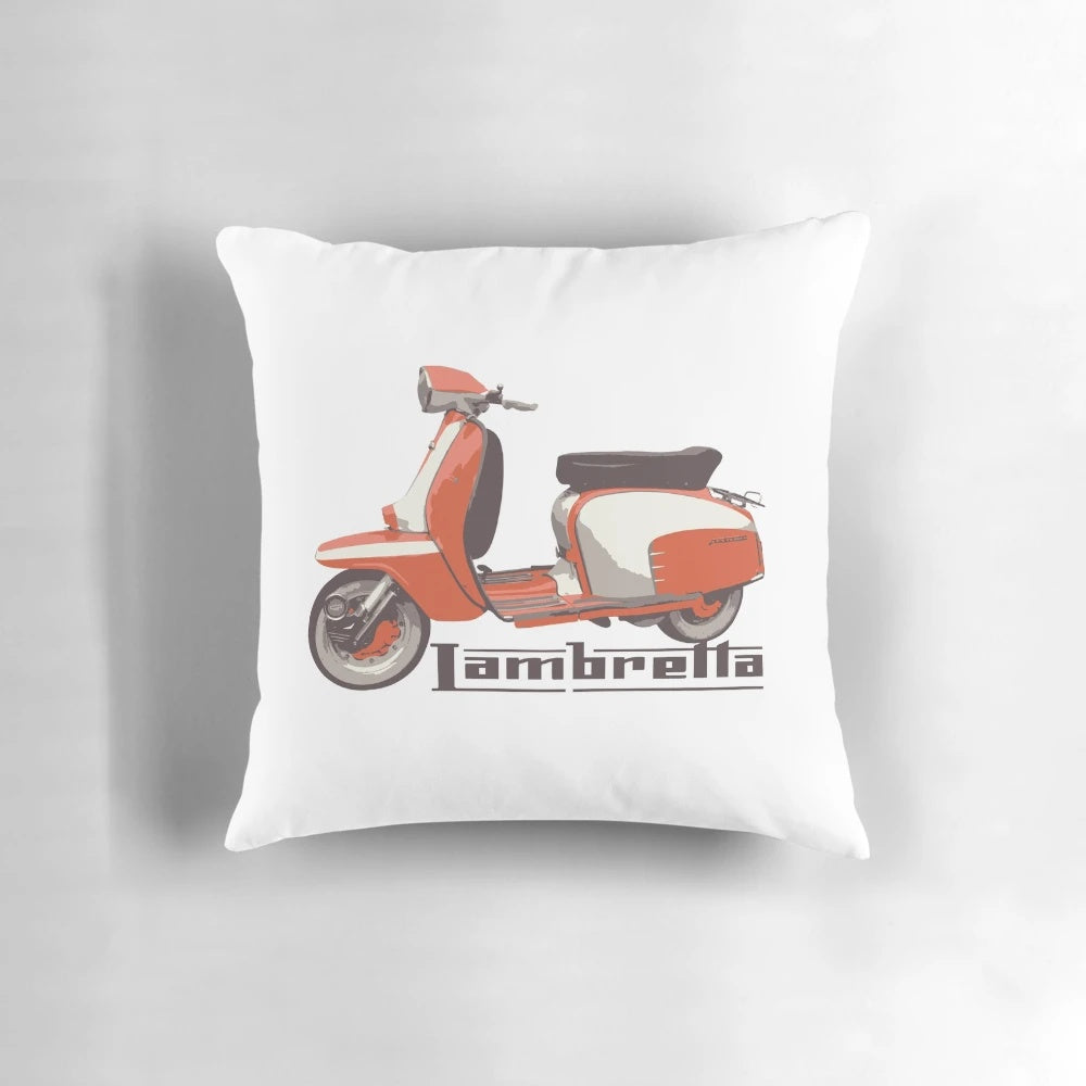 Vintage Lambretta scooter throw pillow with classic design for retro motorcycle and scooter enthusiasts.