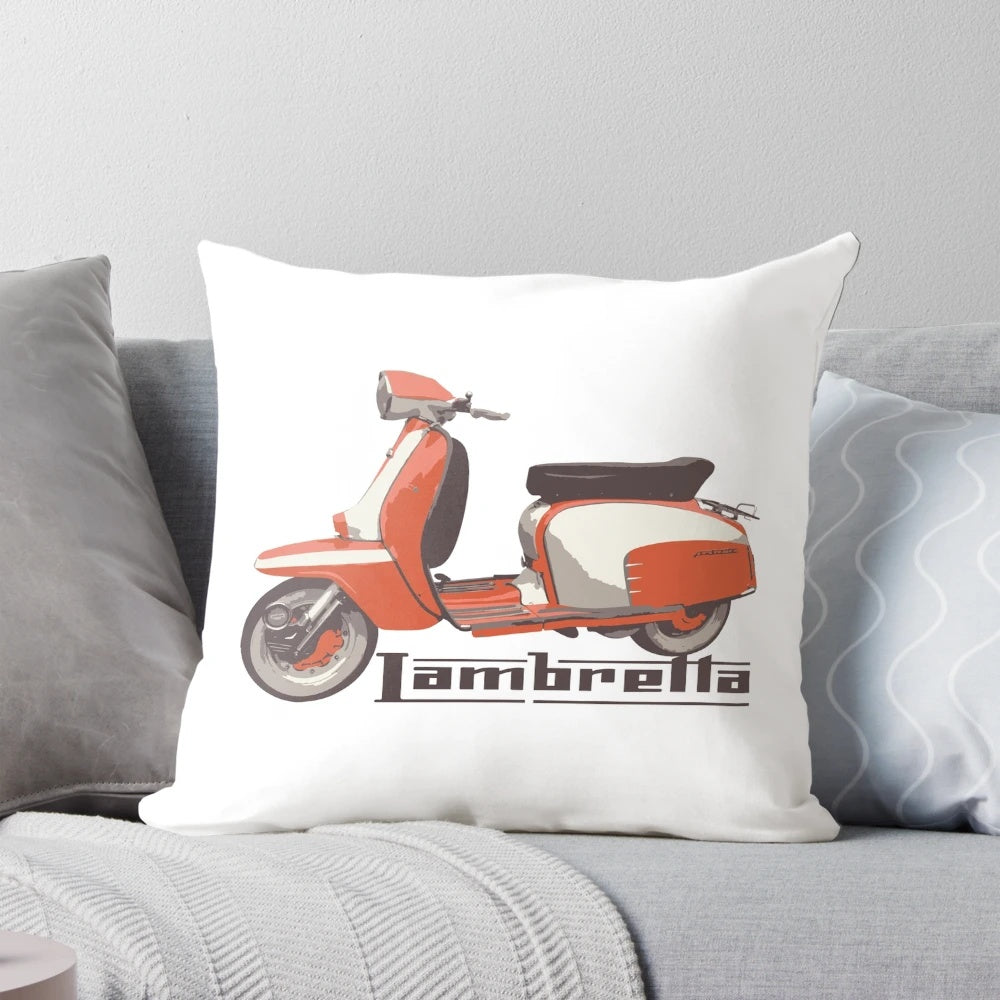 Vintage Lambretta scooter throw pillow with classic design for retro motorcycle and scooter enthusiasts.