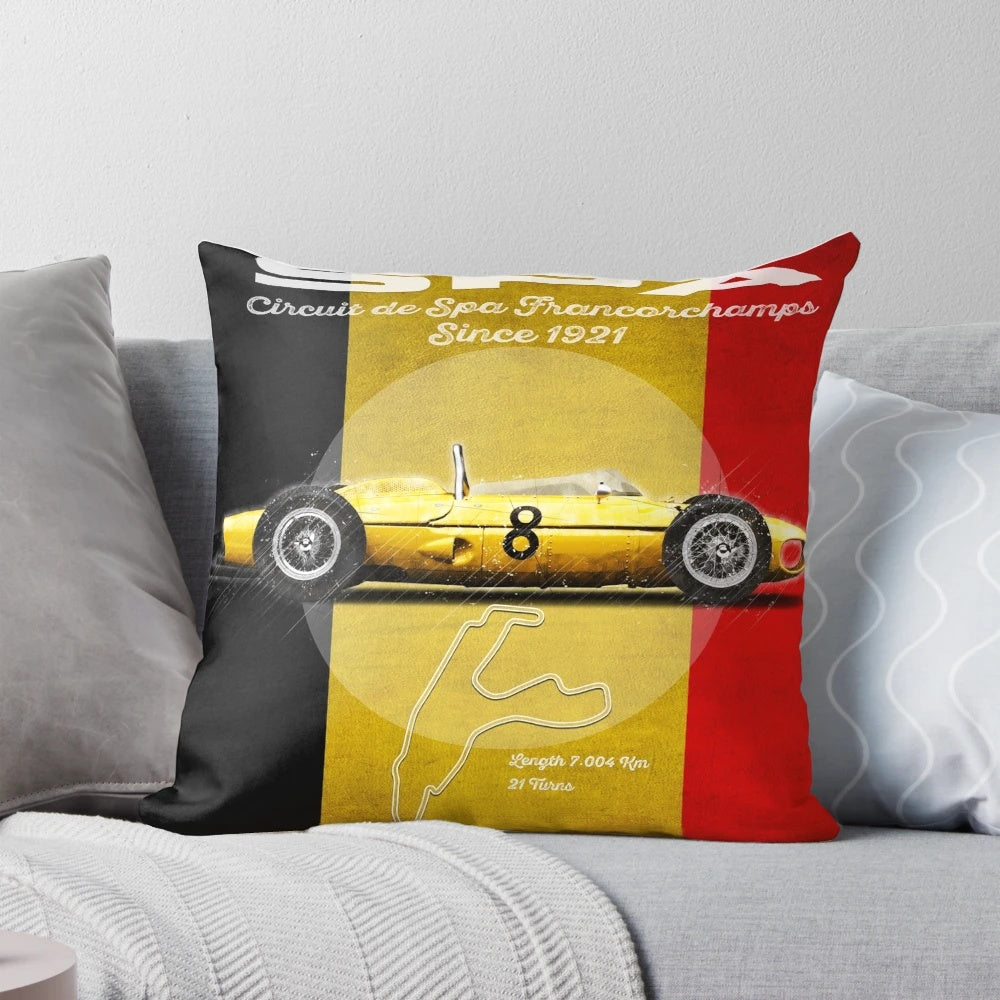 Vintage-style landscape printed pillow with racing elements like racetrack, race cars, and motorsports imagery.