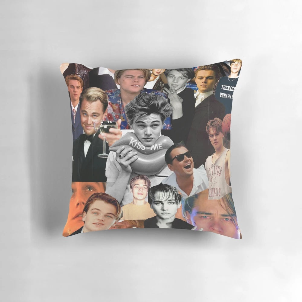Vintage-style collage of young Leonardo DiCaprio from hit movies like Titanic, Inception, and The Wolf of Wall Street.