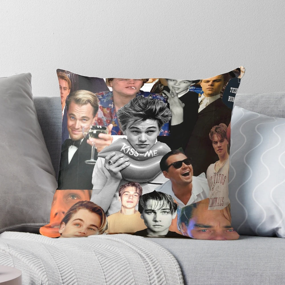 Vintage-style collage of young Leonardo DiCaprio from hit movies like Titanic, Inception, and The Wolf of Wall Street.