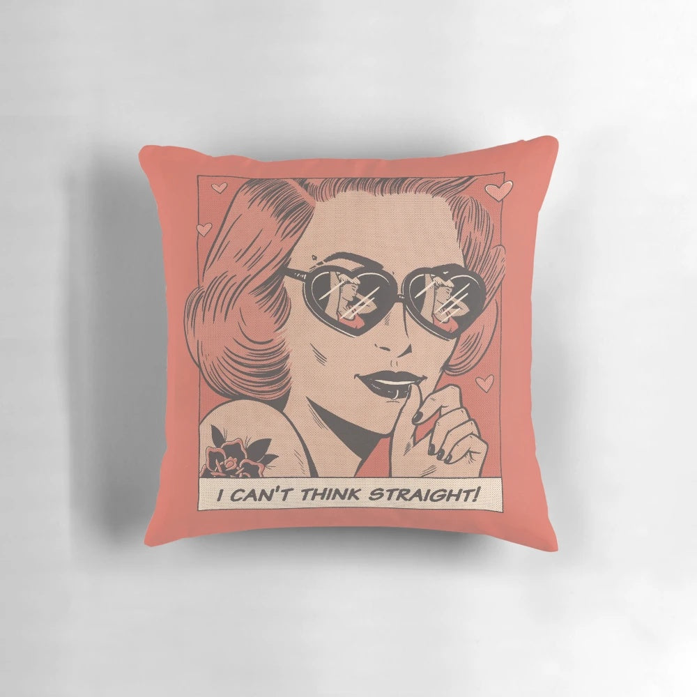 Vintage-inspired pillow featuring a lesbian couple in a romantic embrace, titled "I Can't Think Straight