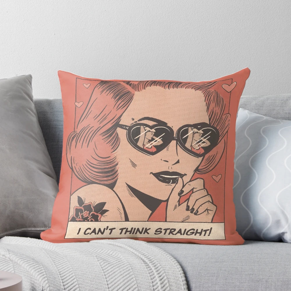 Vintage-inspired pillow featuring a lesbian couple in a romantic embrace, titled "I Can't Think Straight