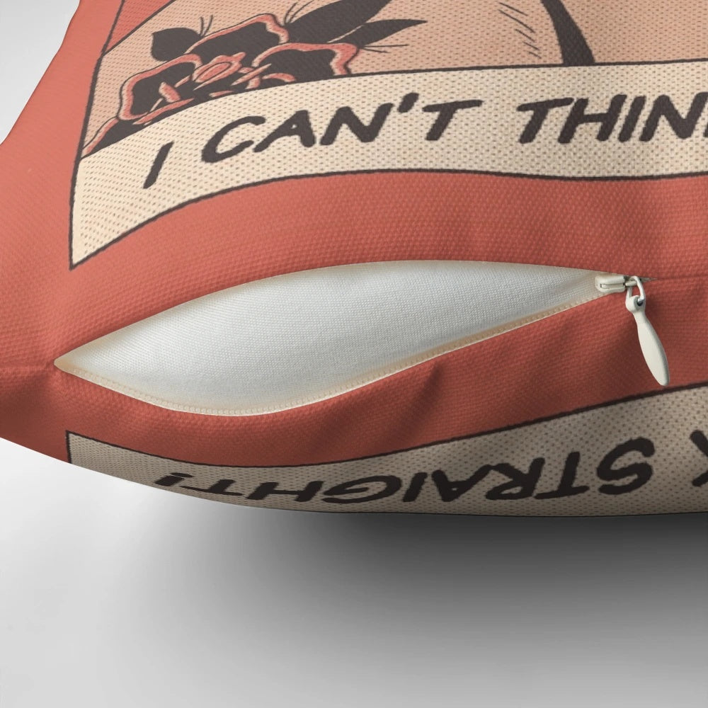 Vintage-inspired pillow featuring a lesbian couple in a romantic embrace, titled "I Can't Think Straight