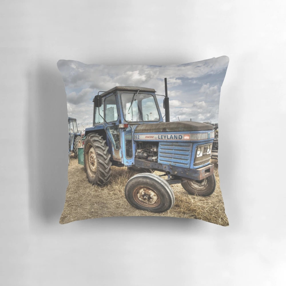 Leyland 262 tractor pillow in blue, a vintage British farming equipment piece for rustic or farmhouse home decor
