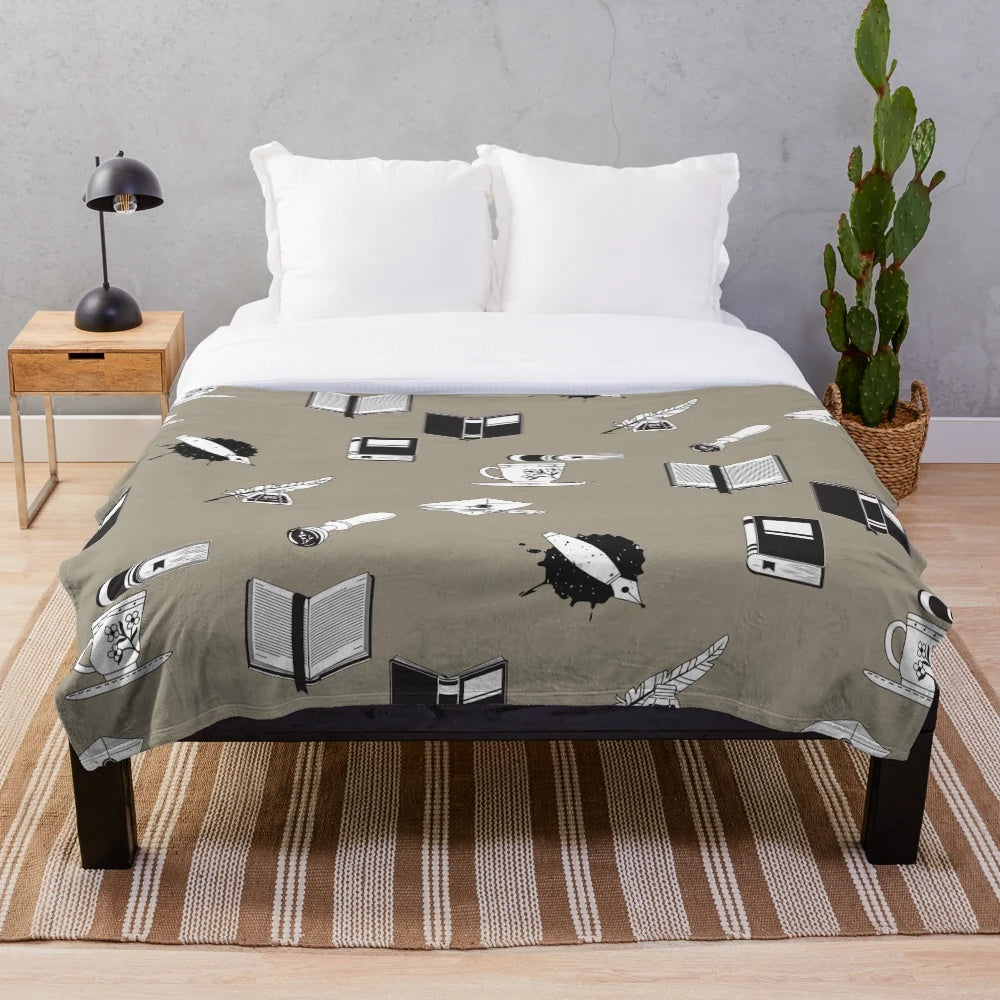 Plush blanket with vintage literature themed stickers and design