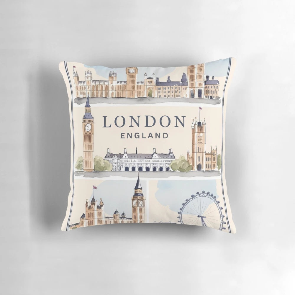 Vintage-style watercolor illustration of iconic London landmarks like Big Ben and the London Eye