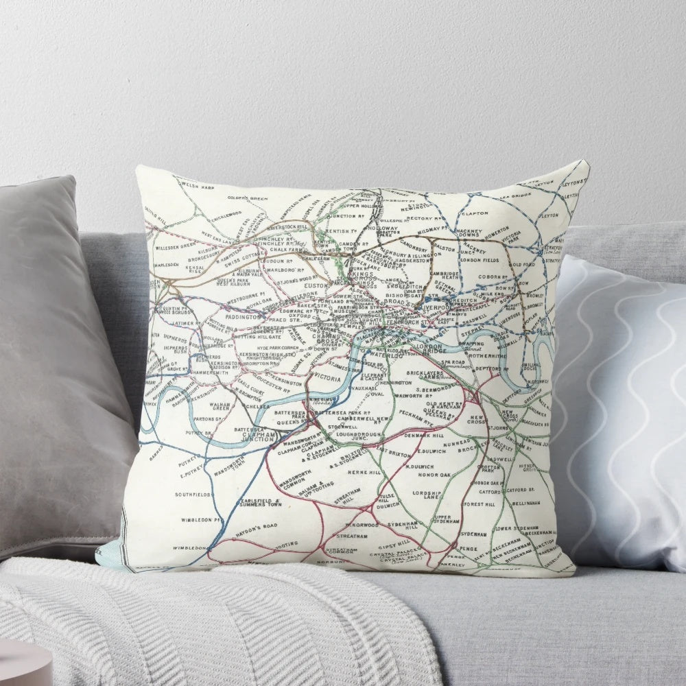 Vintage London Railway Map Pillow - Decorative Cushion for Home Decor