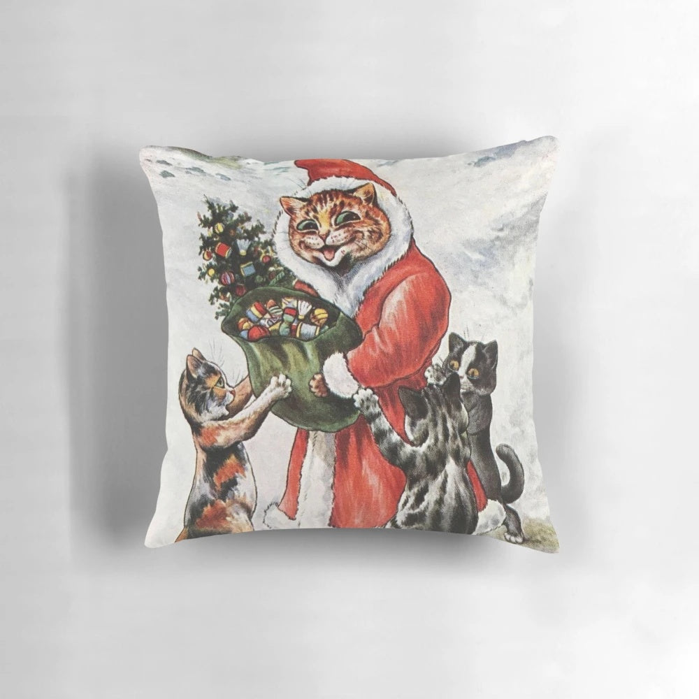 Vintage Louis Wain illustration of a cat dressed as Father Christmas on a cozy pillow
