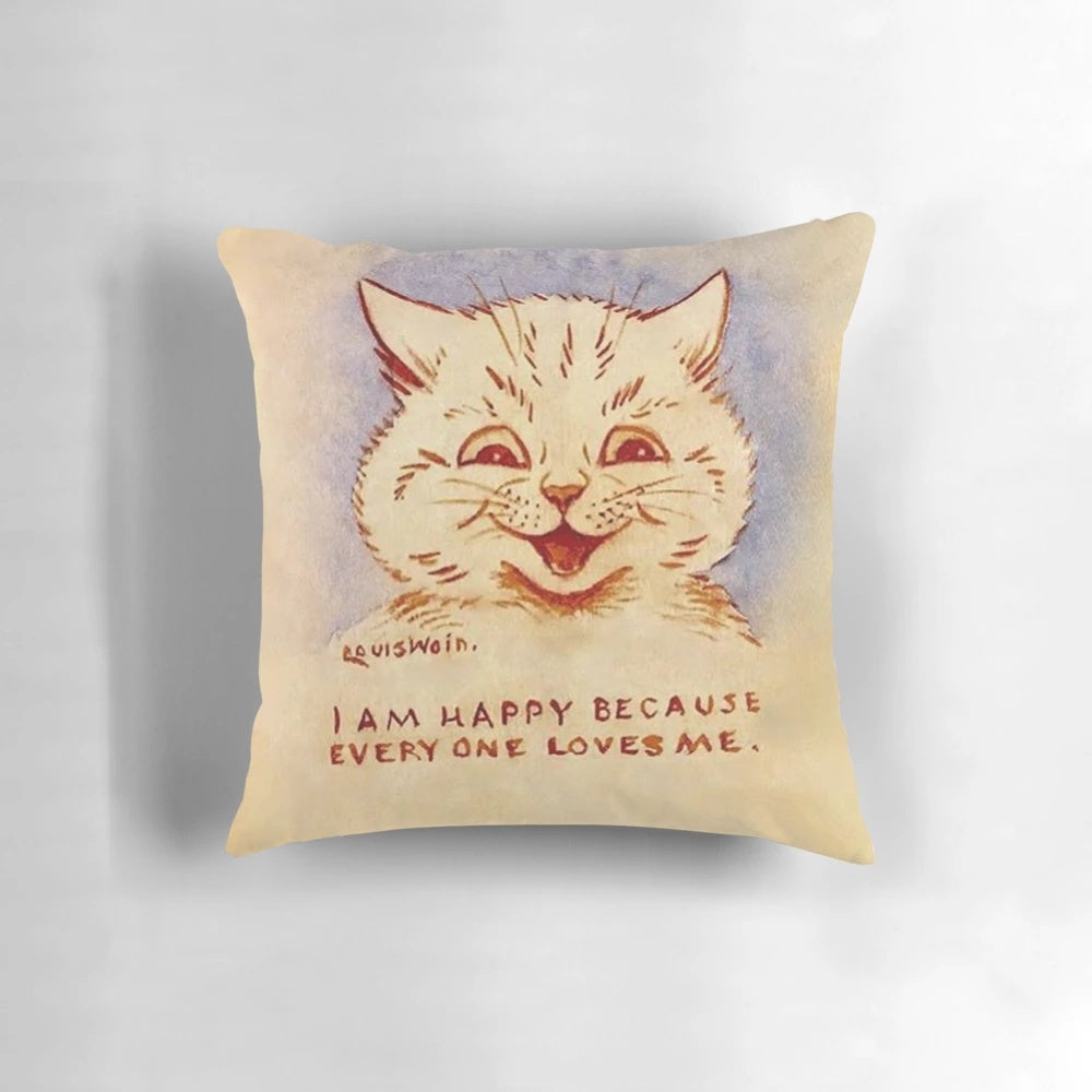 Vibrant and whimsical throw pillow featuring a classic Louis Wain cat painting in a psychedelic, surreal style.