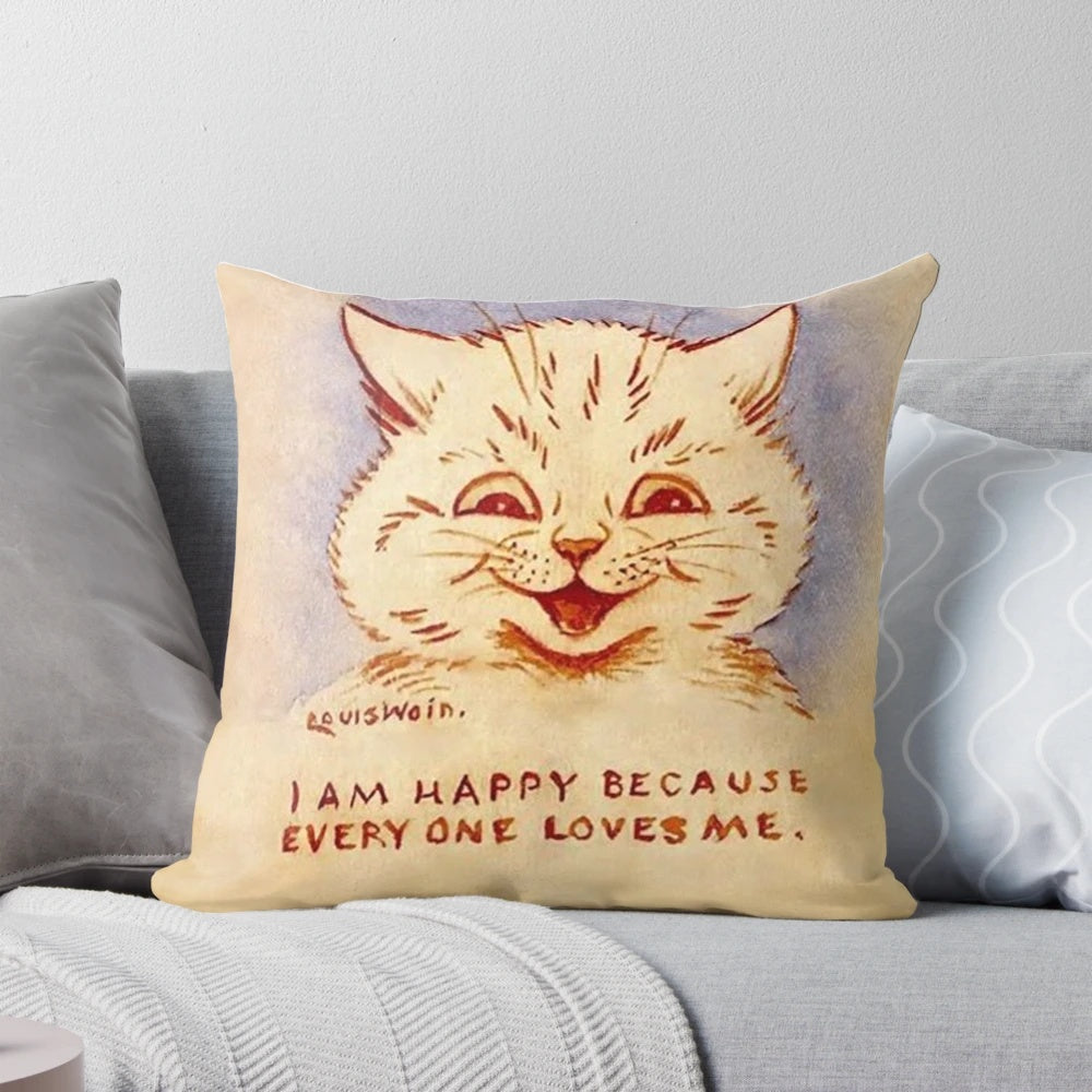 Vibrant and whimsical throw pillow featuring a classic Louis Wain cat painting in a psychedelic, surreal style.