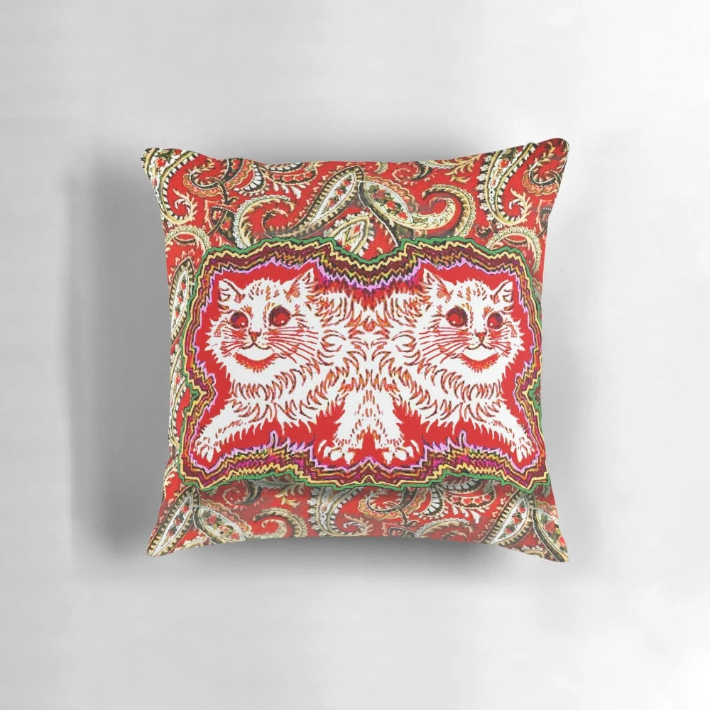 Vintage Louis Wain psychedelic cats pillow featuring colorful, whimsical Victorian era kitten artwork