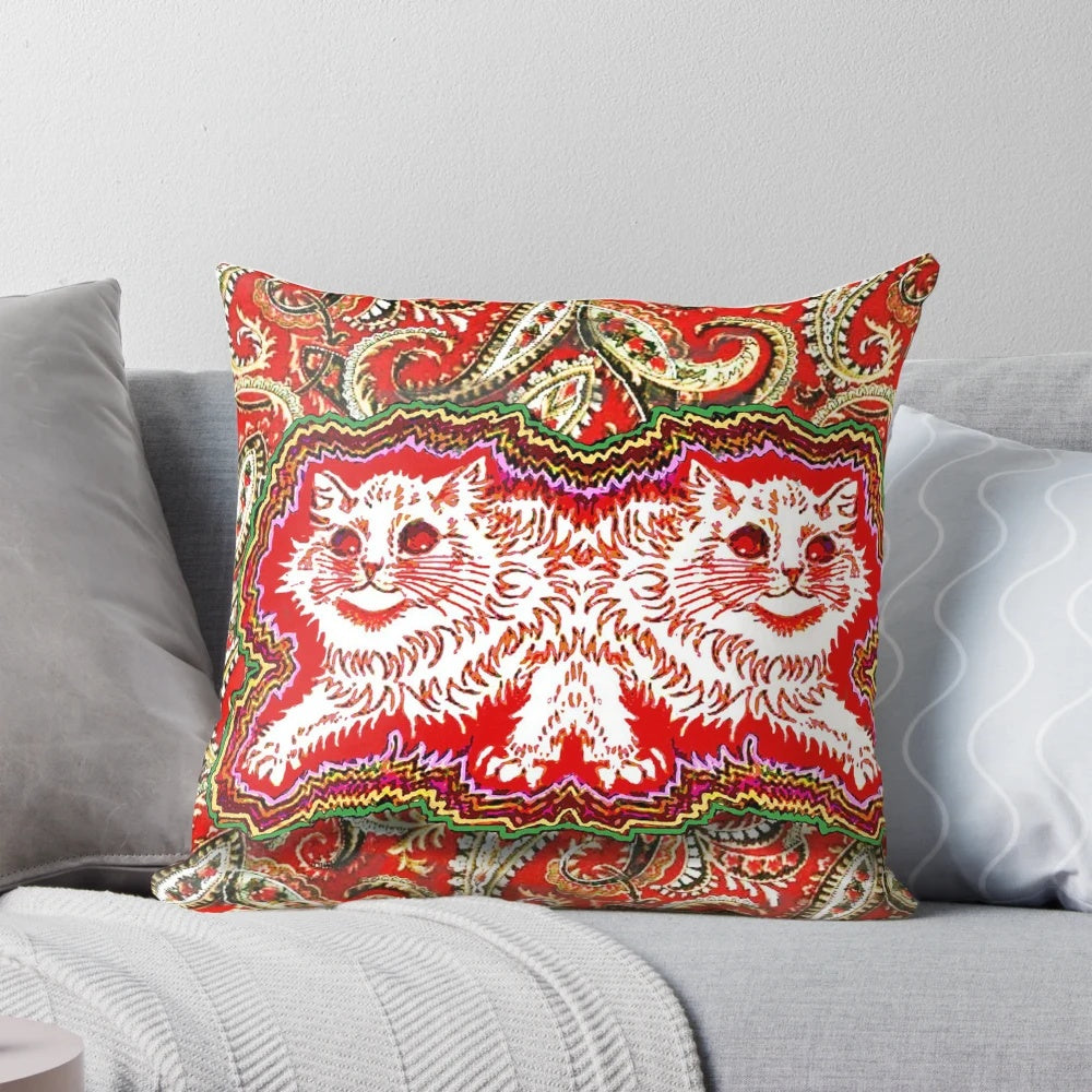 Vintage Louis Wain psychedelic cats pillow featuring colorful, whimsical Victorian era kitten artwork