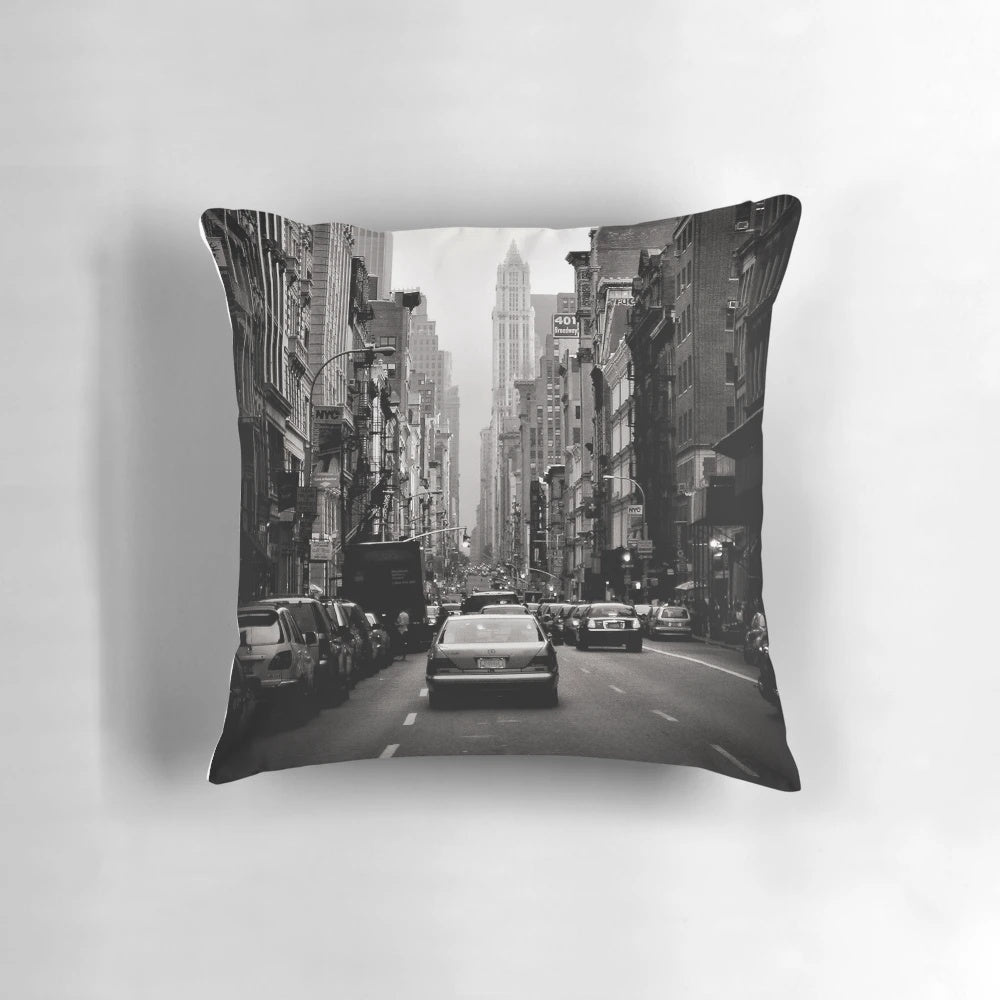 Vintage black and white image of the Manhattan, New York city skyline on a throw pillow