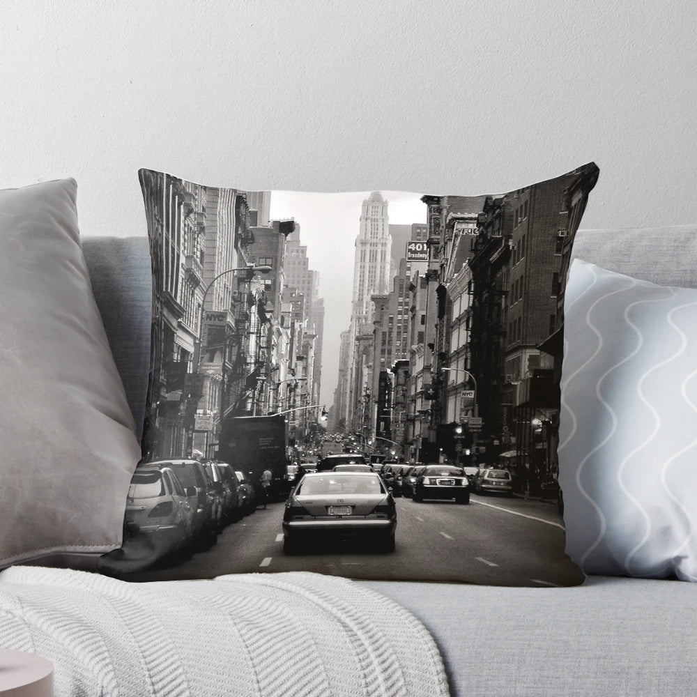 Vintage black and white image of the Manhattan, New York city skyline on a throw pillow
