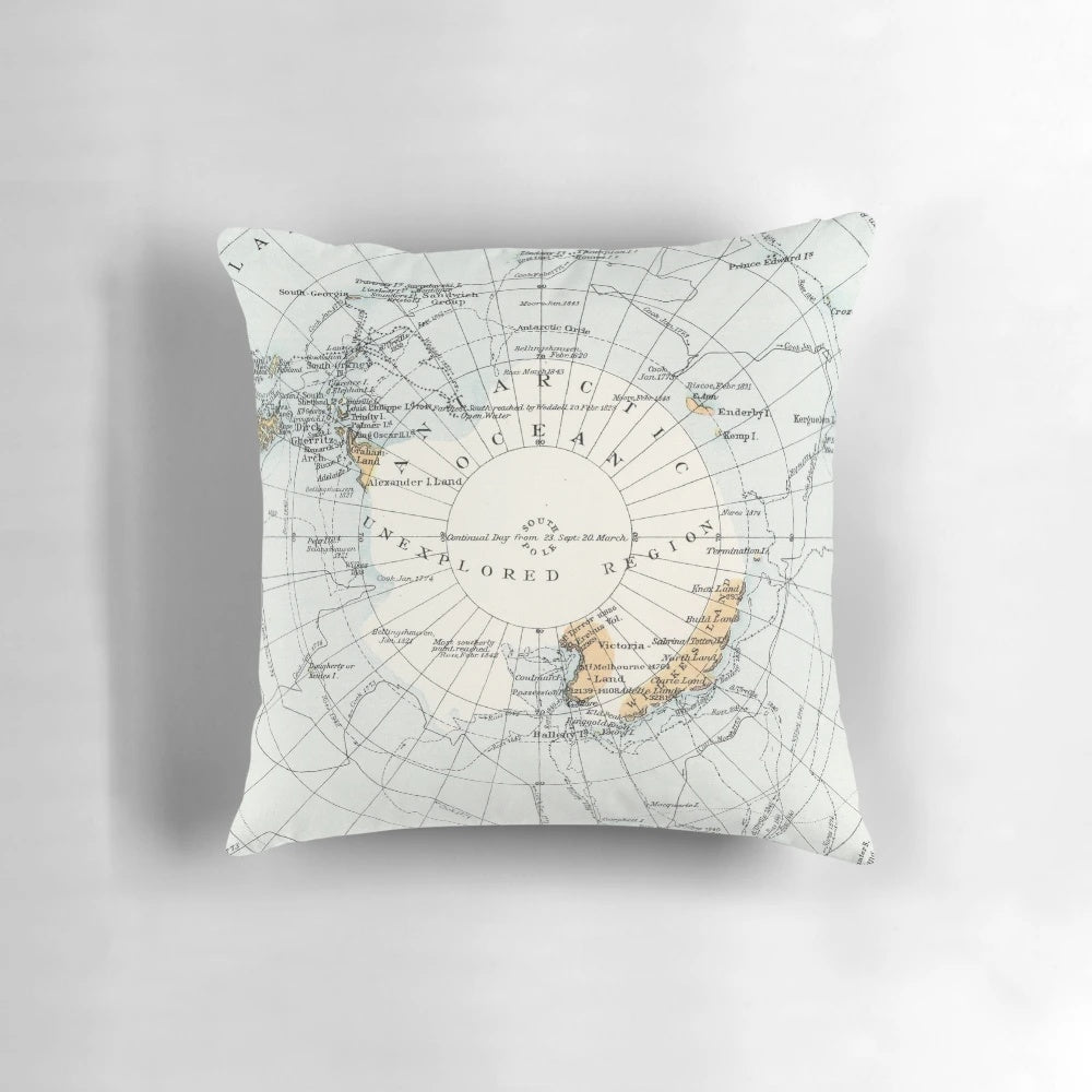 Vintage map of Antarctica printed on a high-quality pillow for decor