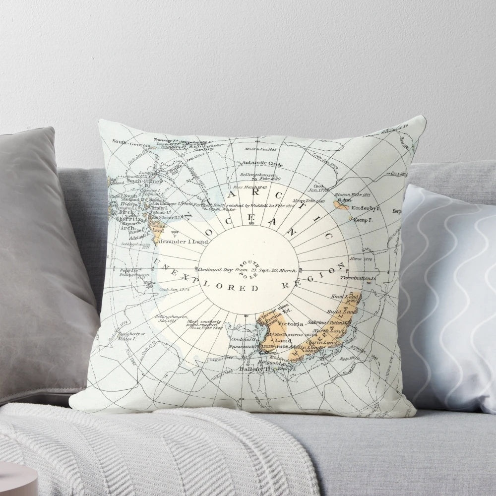 Vintage map of Antarctica printed on a high-quality pillow for decor