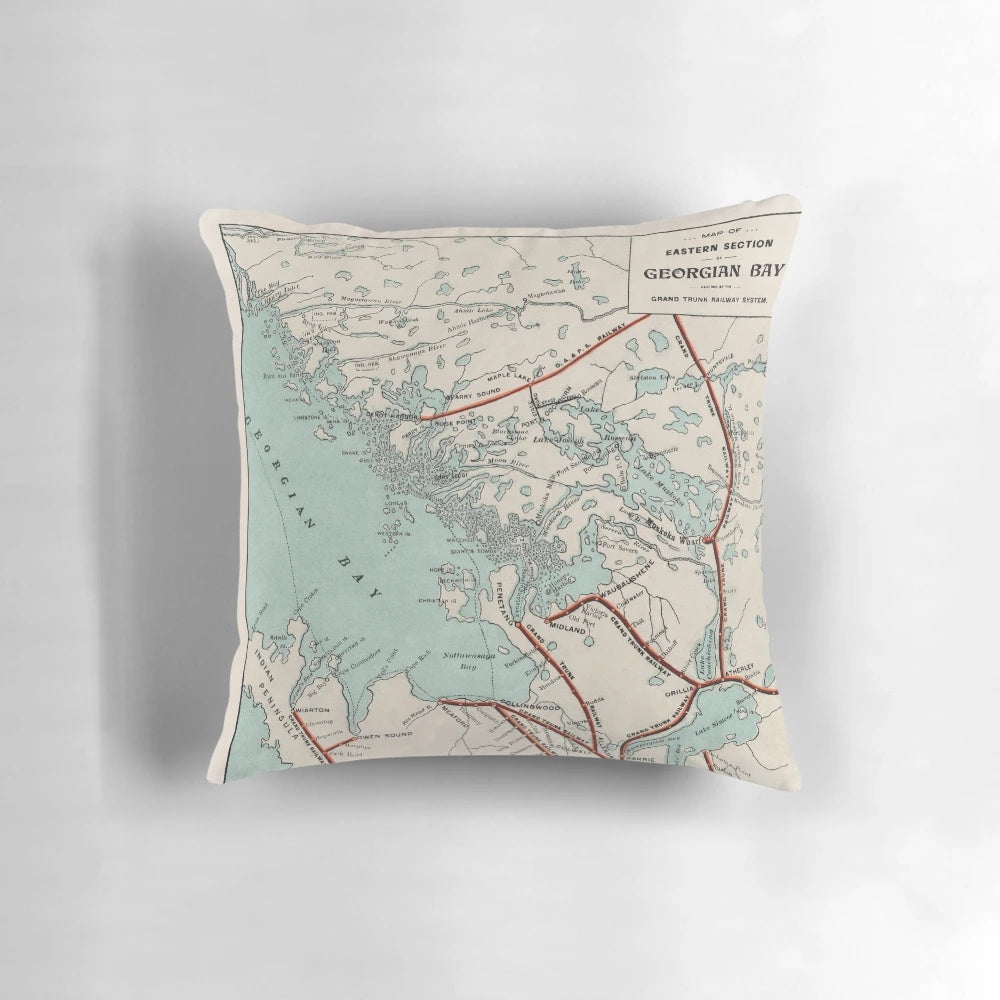Vintage map of Georgian Bay and Muskoka Lakes printed on a soft, comfortable pillow