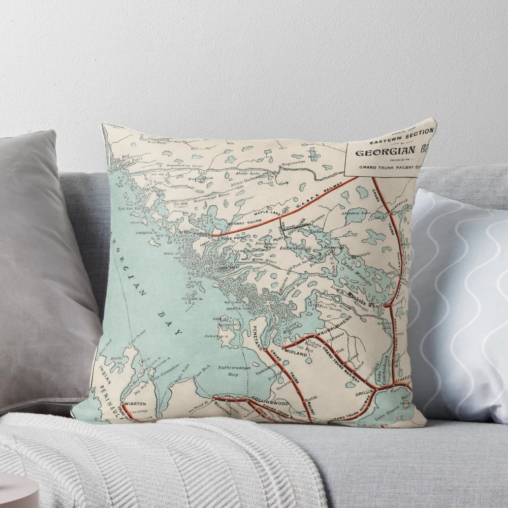 Vintage map of Georgian Bay and Muskoka Lakes printed on a soft, comfortable pillow