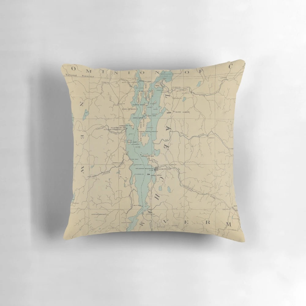 Vintage map of Lake Champlain lighthouses on a throw pillow