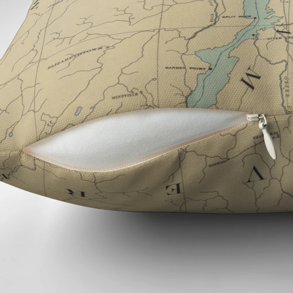 Vintage map of Lake Champlain lighthouses on a throw pillow