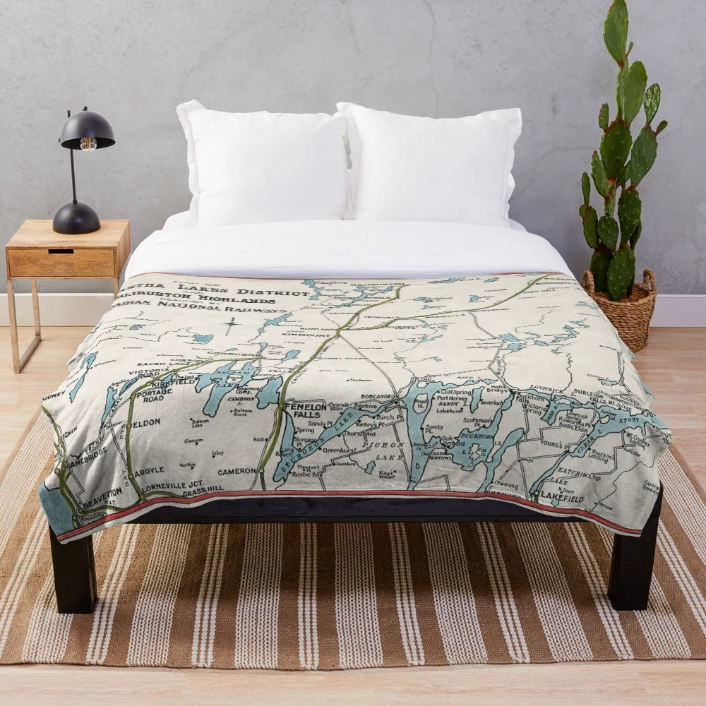 Vintage map plush blanket featuring the Kawartha Lakes and Haliburton Highlands region of Ontario, Canada