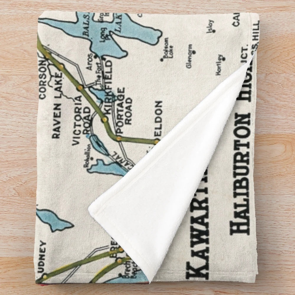 Vintage map plush blanket featuring the Kawartha Lakes and Haliburton Highlands region of Ontario, Canada