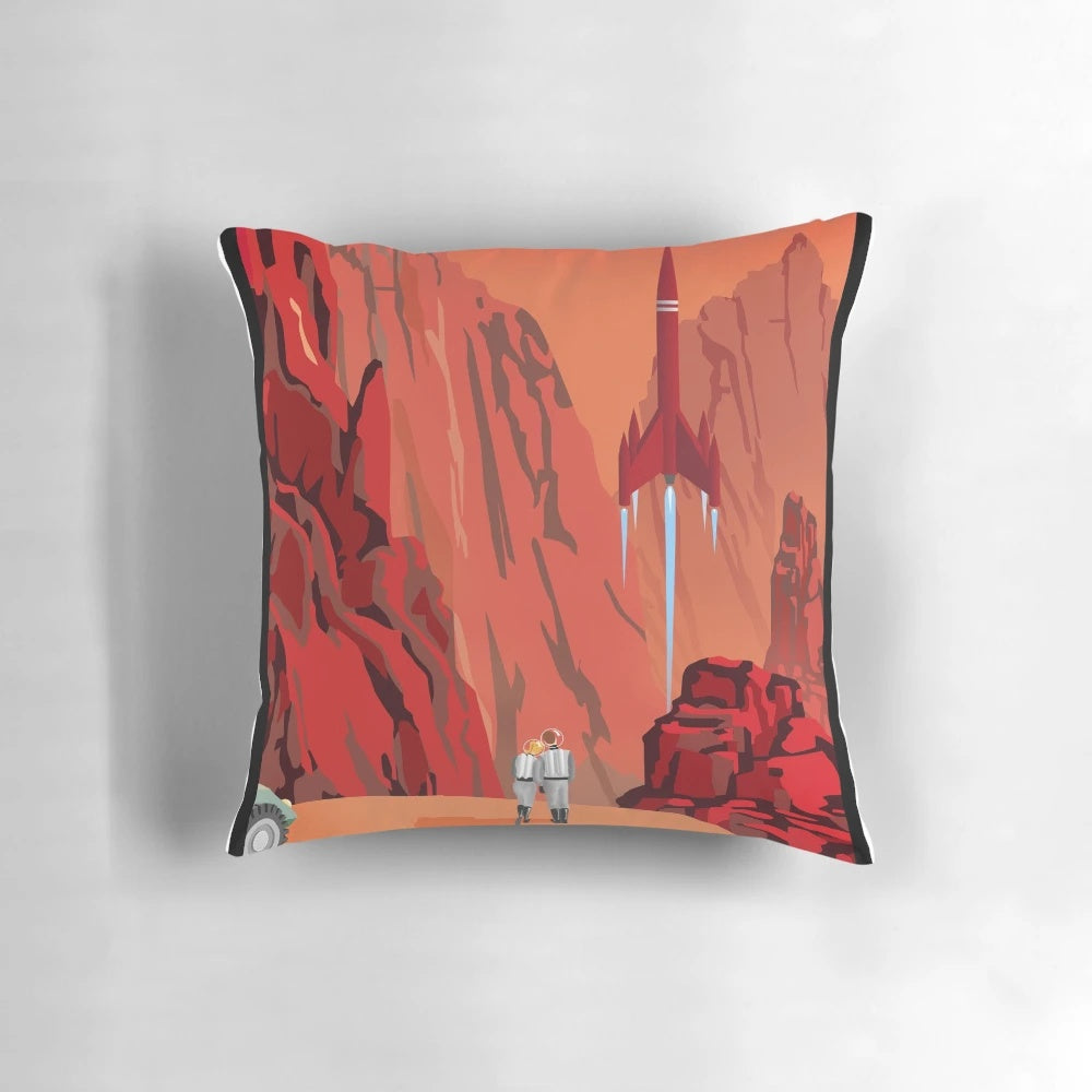 Vintage-style Mars travel poster printed on a soft, plush pillow for home or kids' room decor.