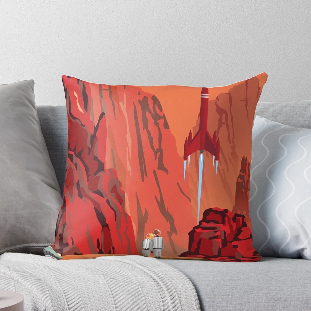 Vintage-style Mars travel poster printed on a soft, plush pillow for home or kids' room decor.