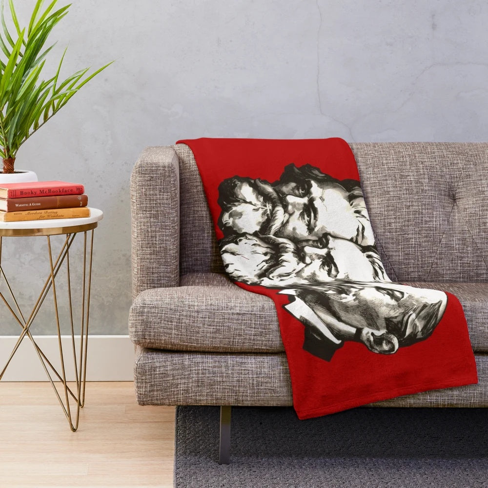 Vintage Marxist Plush Blanket featuring the faces of Karl Marx, Friedrich Engels, and Vladimir Lenin