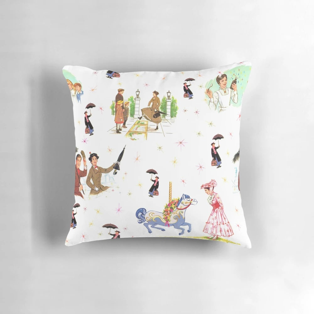 Retro Mary Poppins-themed decorative throw pillow with a vintage-inspired pattern