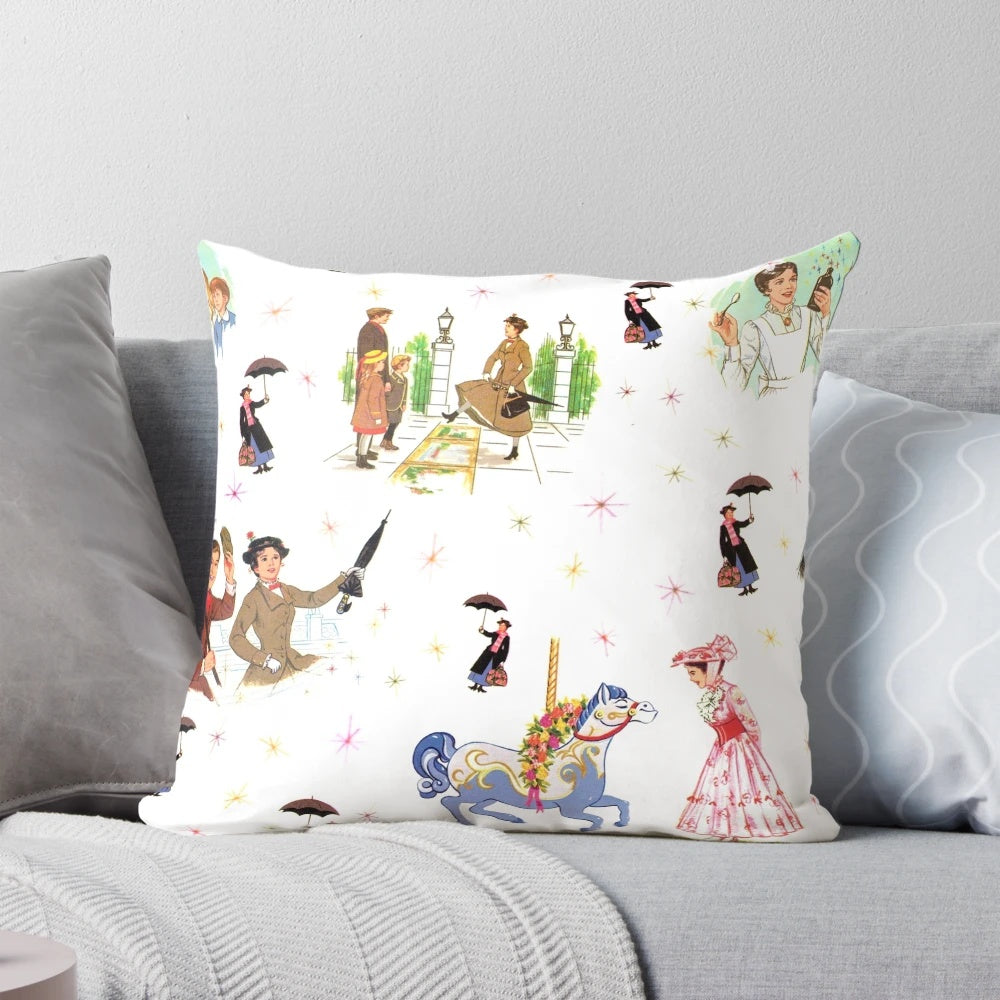 Retro Mary Poppins-themed decorative throw pillow with a vintage-inspired pattern