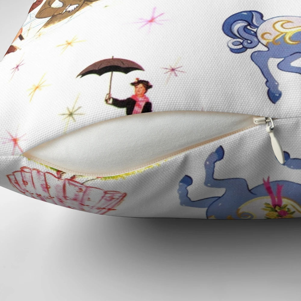 Retro Mary Poppins-themed decorative throw pillow with a vintage-inspired pattern