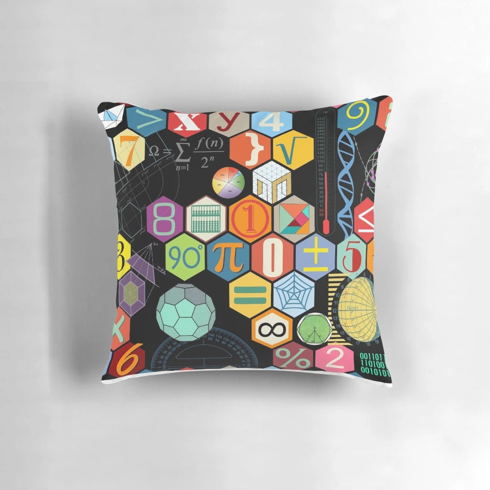 A black and white pillow featuring vintage mathematical symbols, numbers, and formulas.