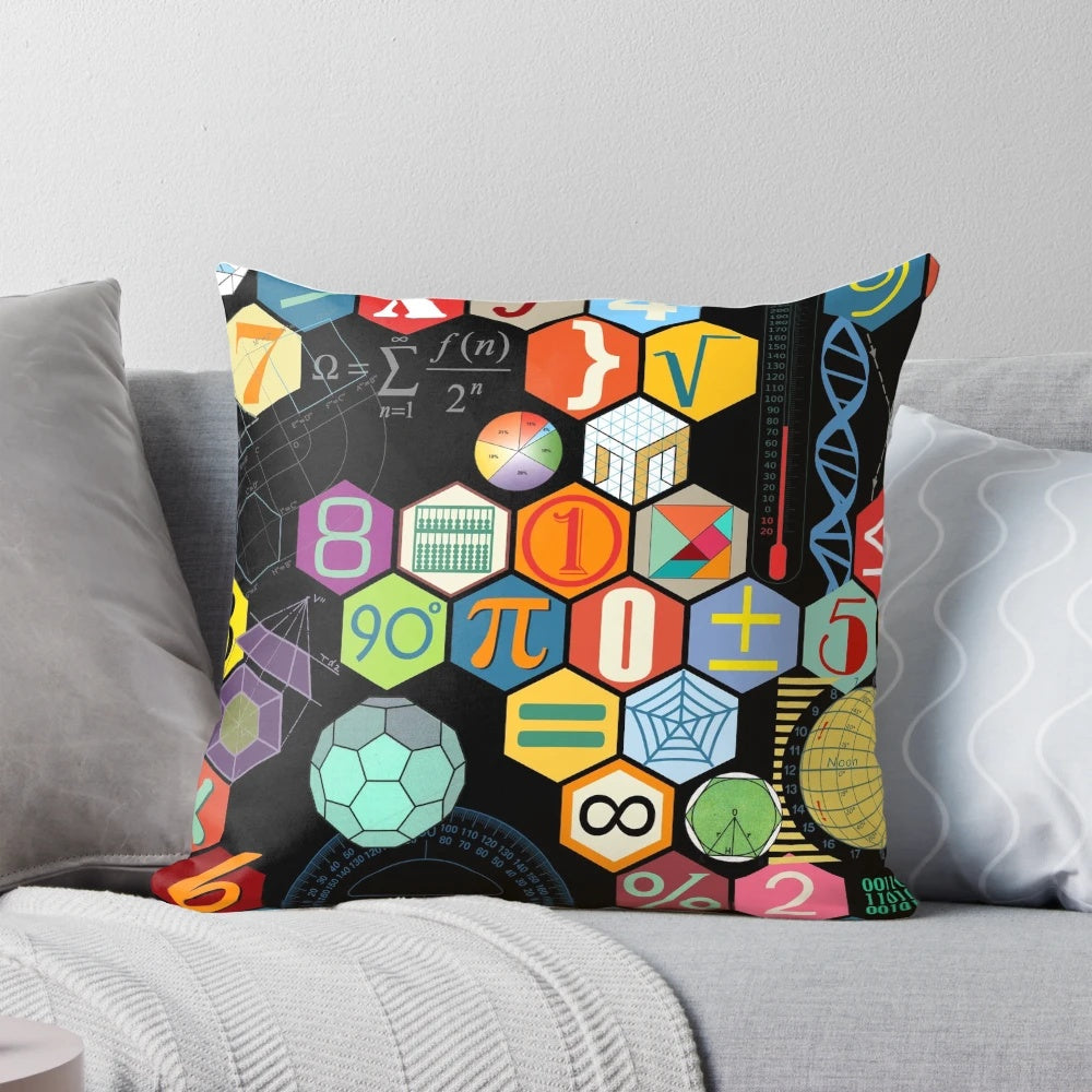A black and white pillow featuring vintage mathematical symbols, numbers, and formulas.