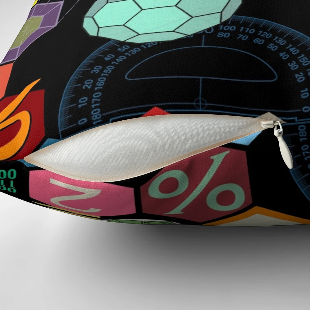 A black and white pillow featuring vintage mathematical symbols, numbers, and formulas.