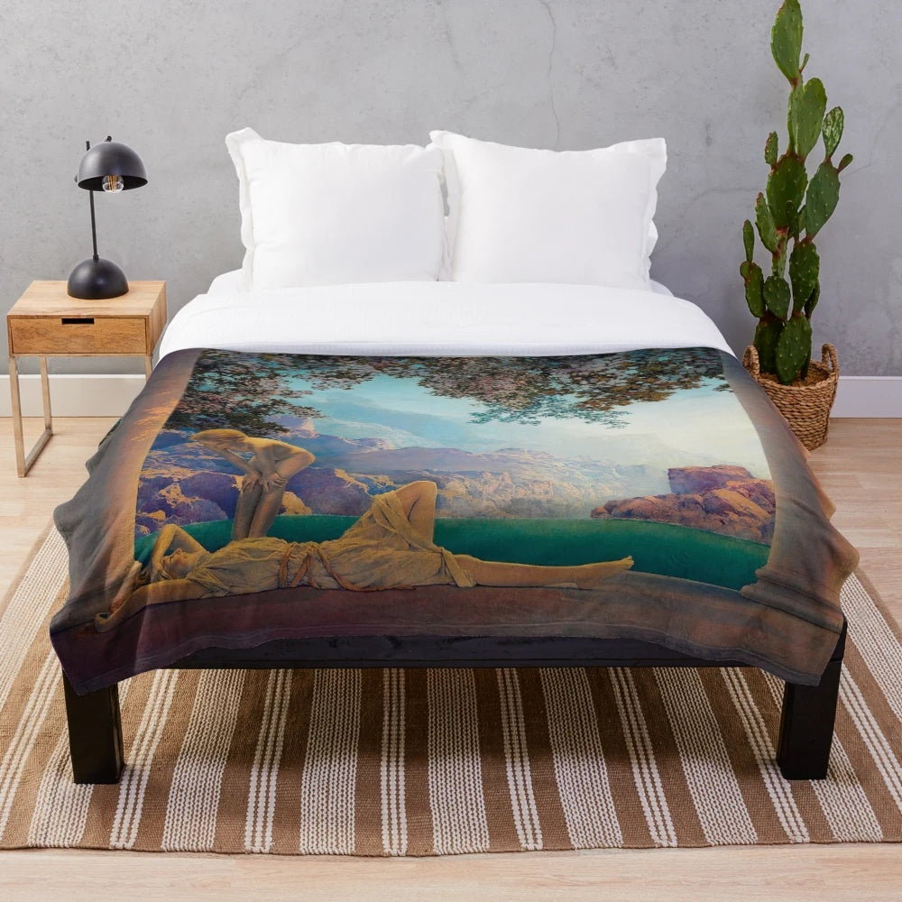 Vintage inspired plush blanket featuring Maxfield Parrish's iconic "Daybreak" painting