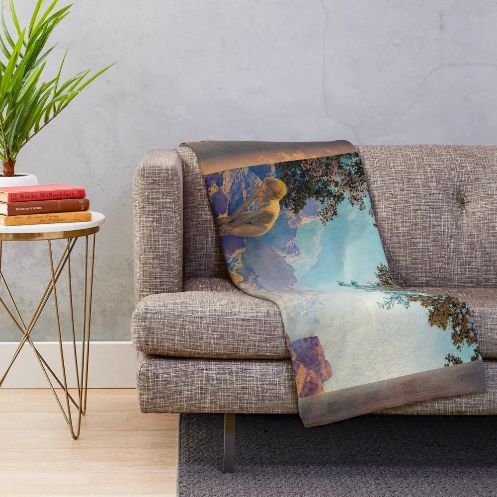 Vintage inspired plush blanket featuring Maxfield Parrish's iconic "Daybreak" painting