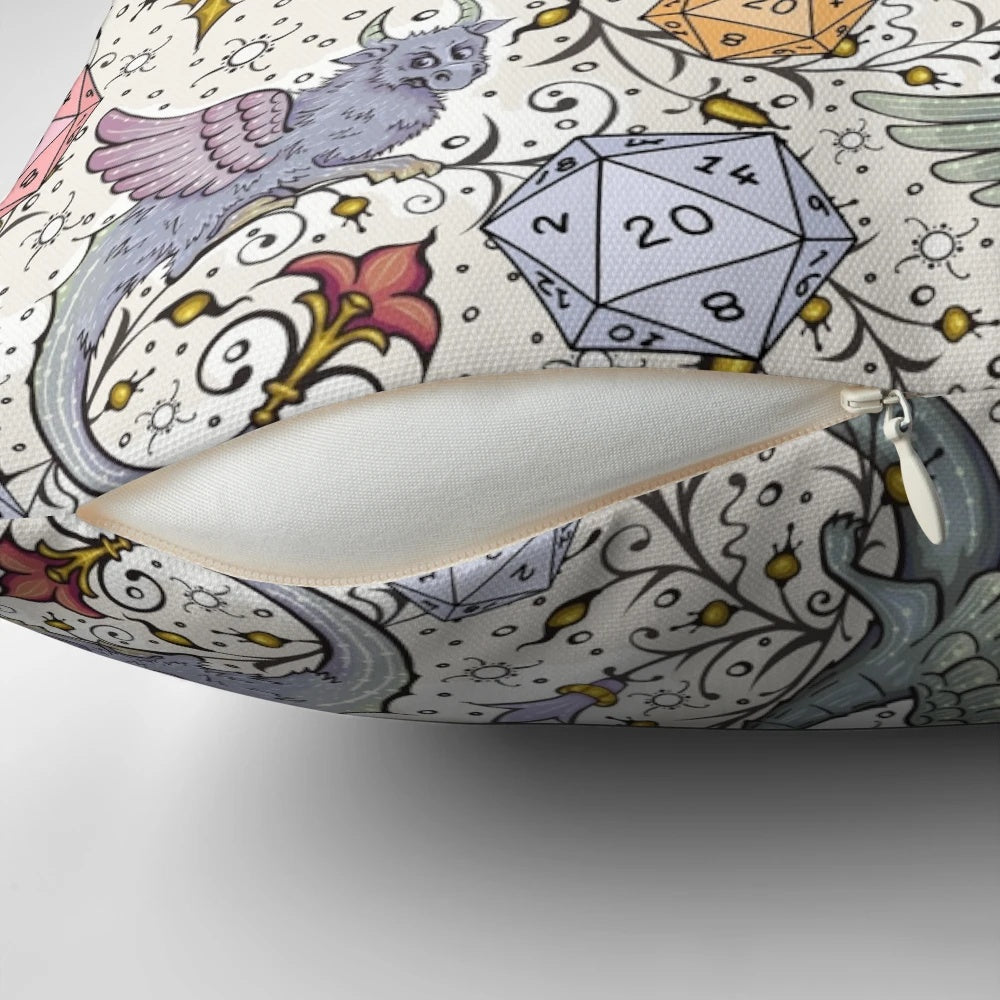 Vintage medieval dragon and d20 dice pattern on a blue, yellow, and pink pillow