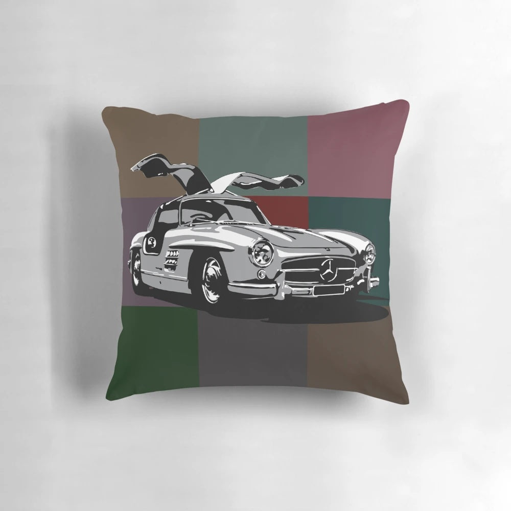 Vintage Mercedes Benz 300SL Gullwing art blocks pillow featuring classic car design