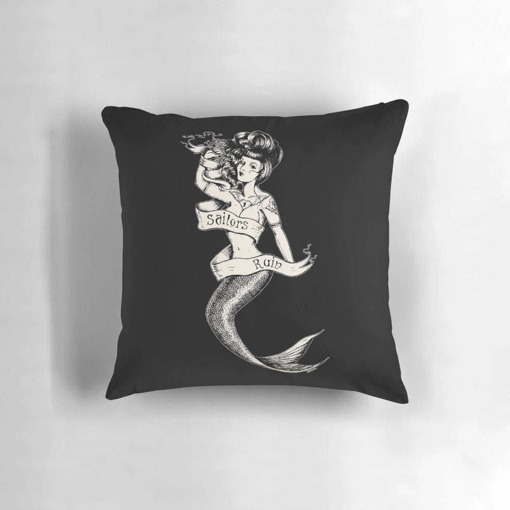 Vintage mermaid tattoo style decorative throw pillow with a sailor jerry inspired design.